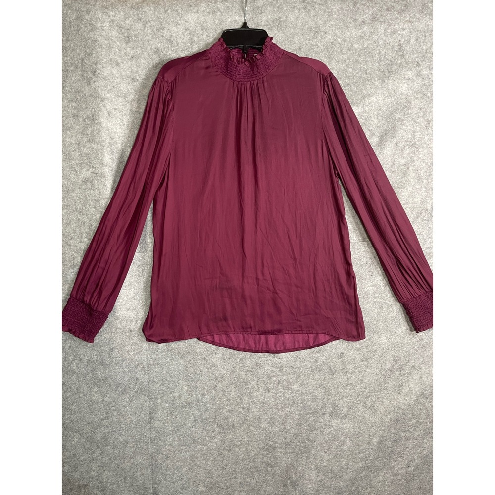 Burgundy Smocked‎ High Neck Satin Blouse Long Sleeve Keyhole Back Top